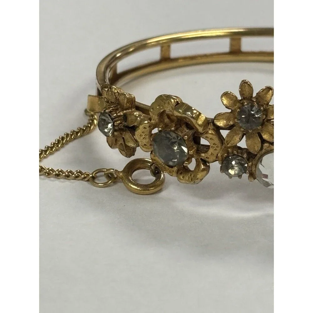 Rare Vintage Signed FLORENZA Floral Rhinestone Hinged Bangle Bracelet Gold HTF